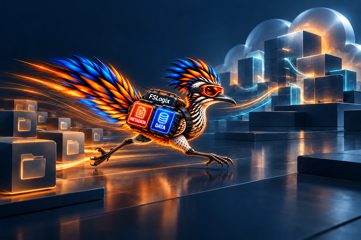 Roadrunner mascot with orange goggles and an FSLogix backpack running through cloud file infrastructure.